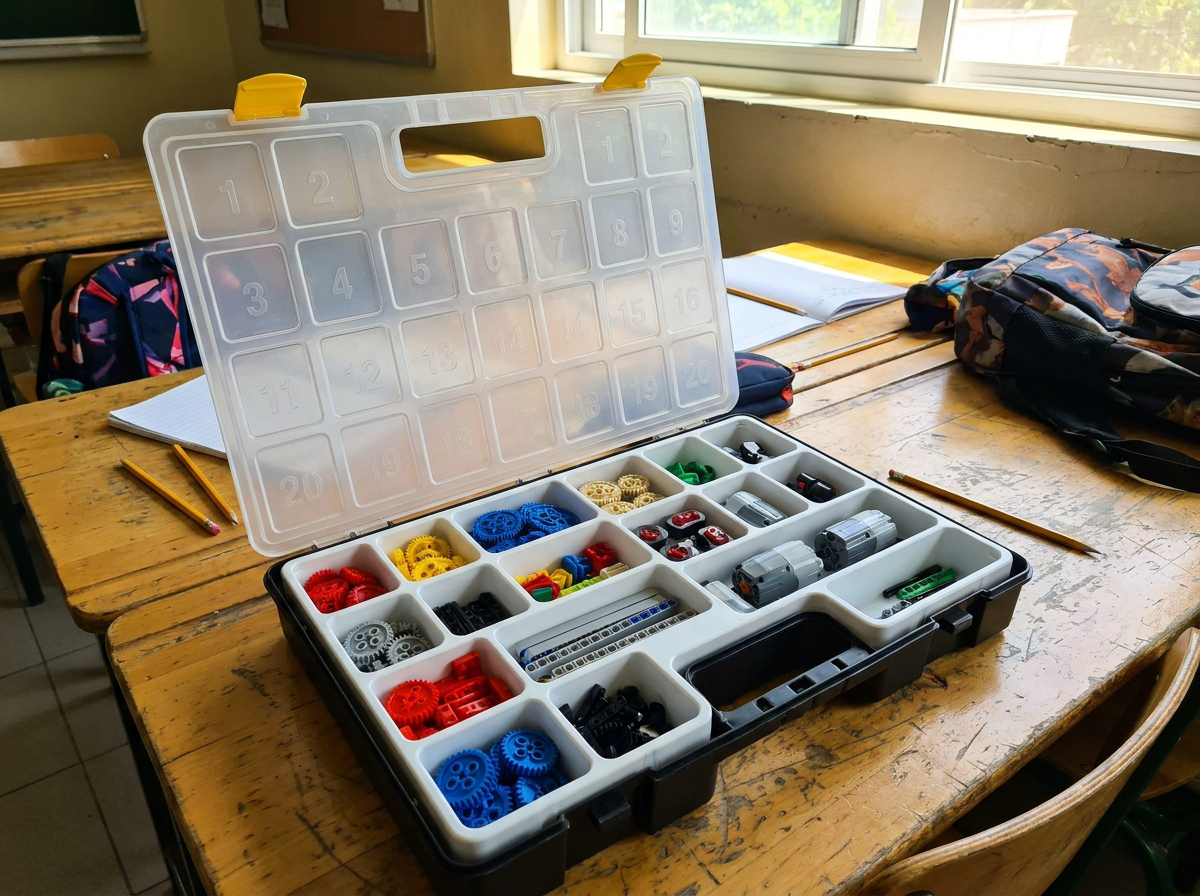 A numbered robotics kit box with its lid open on a school table