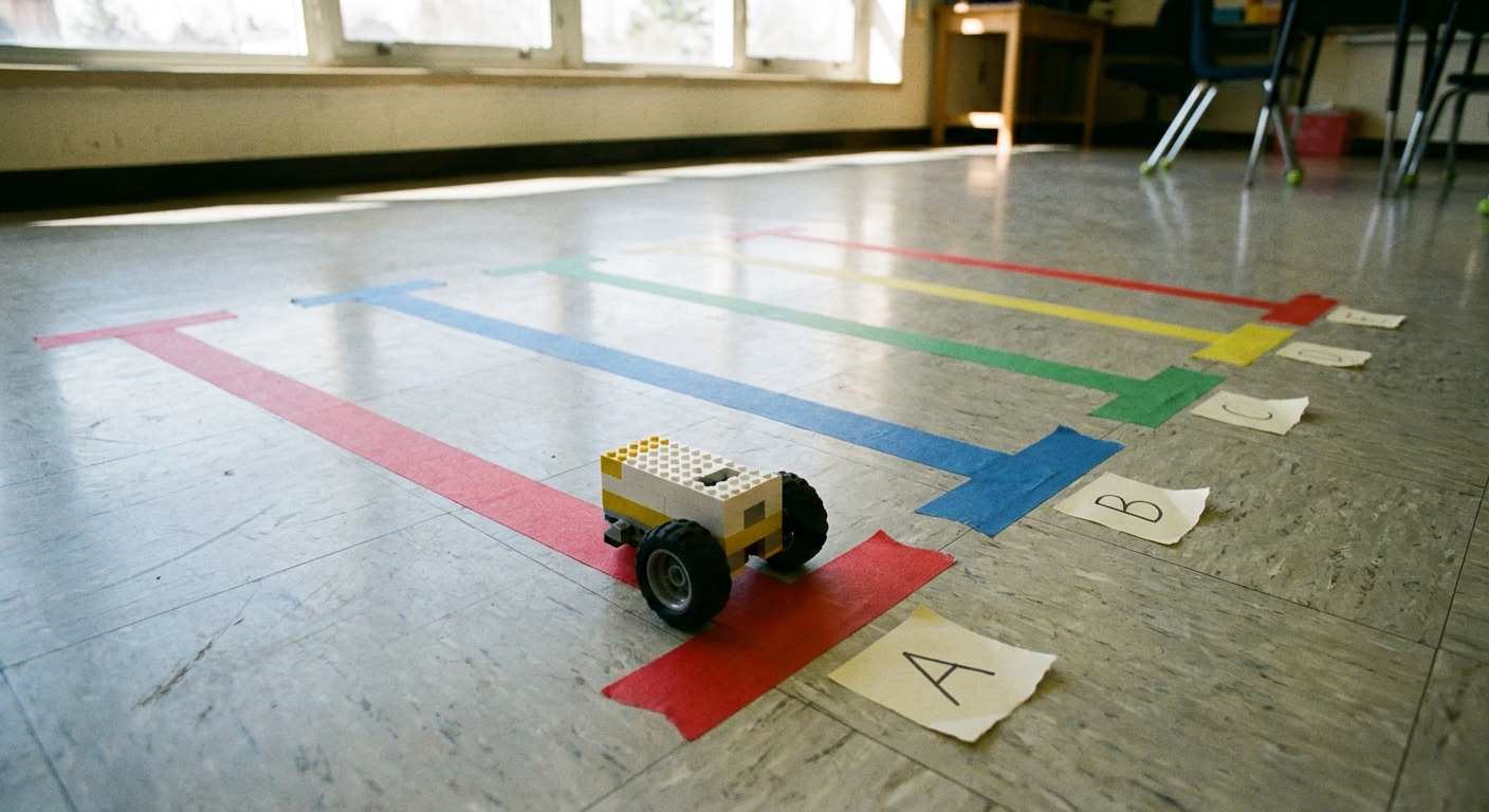 Straight strips of coloured tape of different lengths on a classroom floor, each with a lettered paper label, and a small robot car at the start of one of them