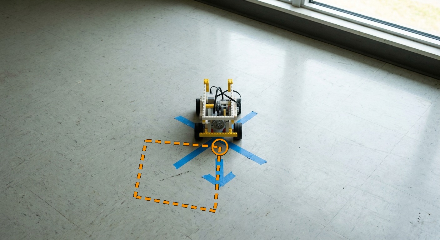 A taped cross on an open classroom floor with a short tape arrow in front of it, a small robot car sitting on the cross facing along the arrow, and a dotted orange square drawn over the picture that leaves the cross, runs along the arrow, turns four corners and comes back to it