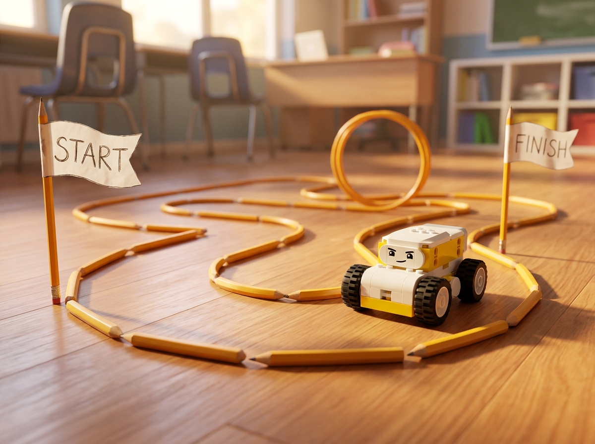 Coloured tape lines on a classroom floor with a small robot car sitting on one of them, ready to follow a course