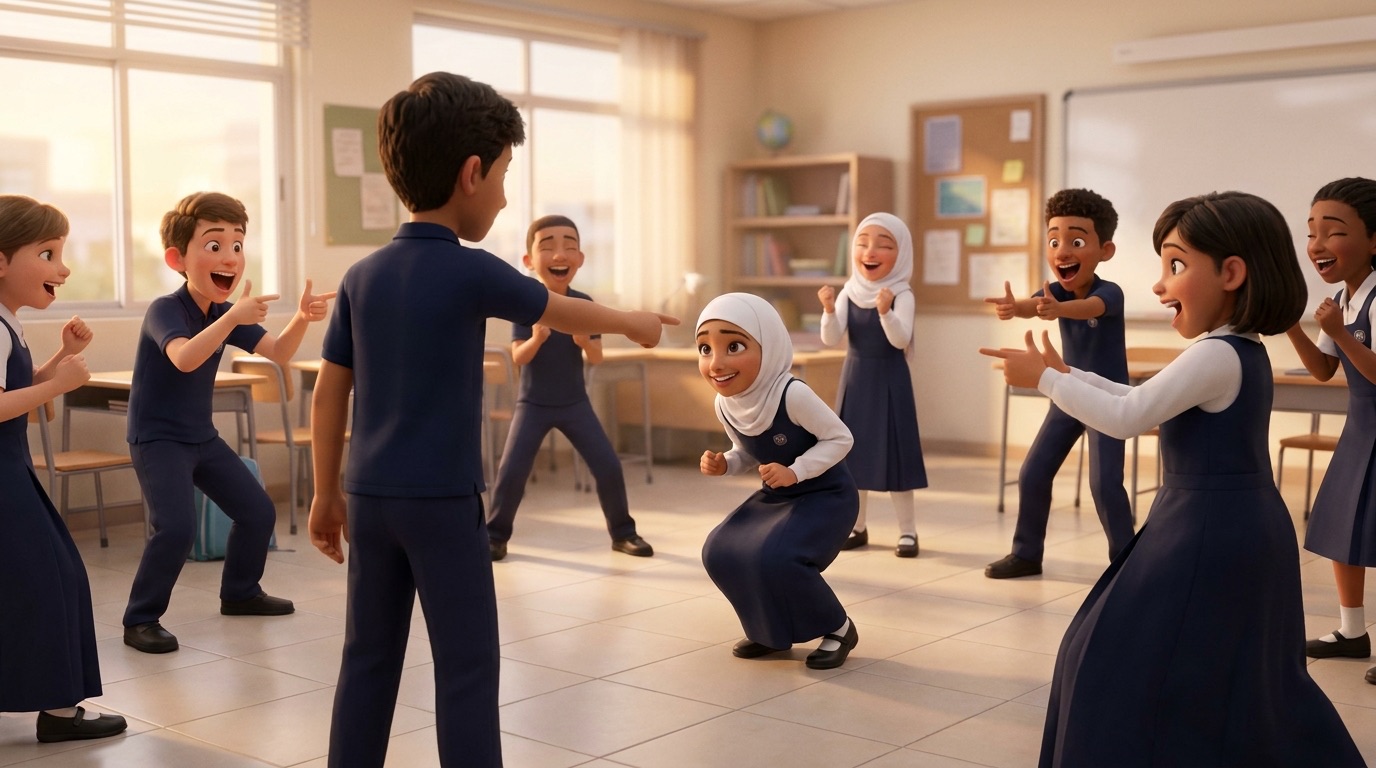 A drawing of students in a circle with a caller in the middle, two students turning to shout Bang at each other.