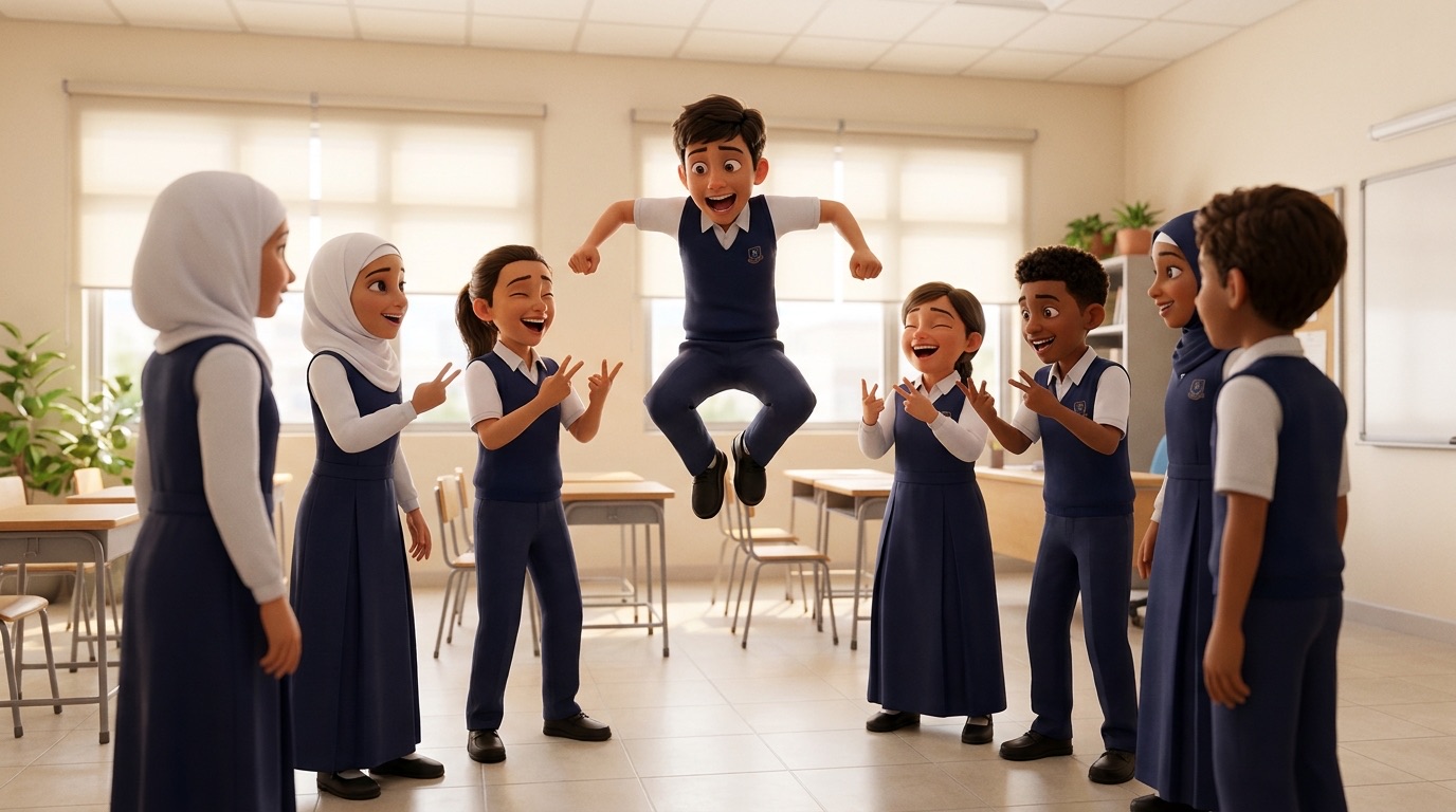 A drawing of students standing in a circle counting around, jumping as they call boi-ing on a number with a seven in it.