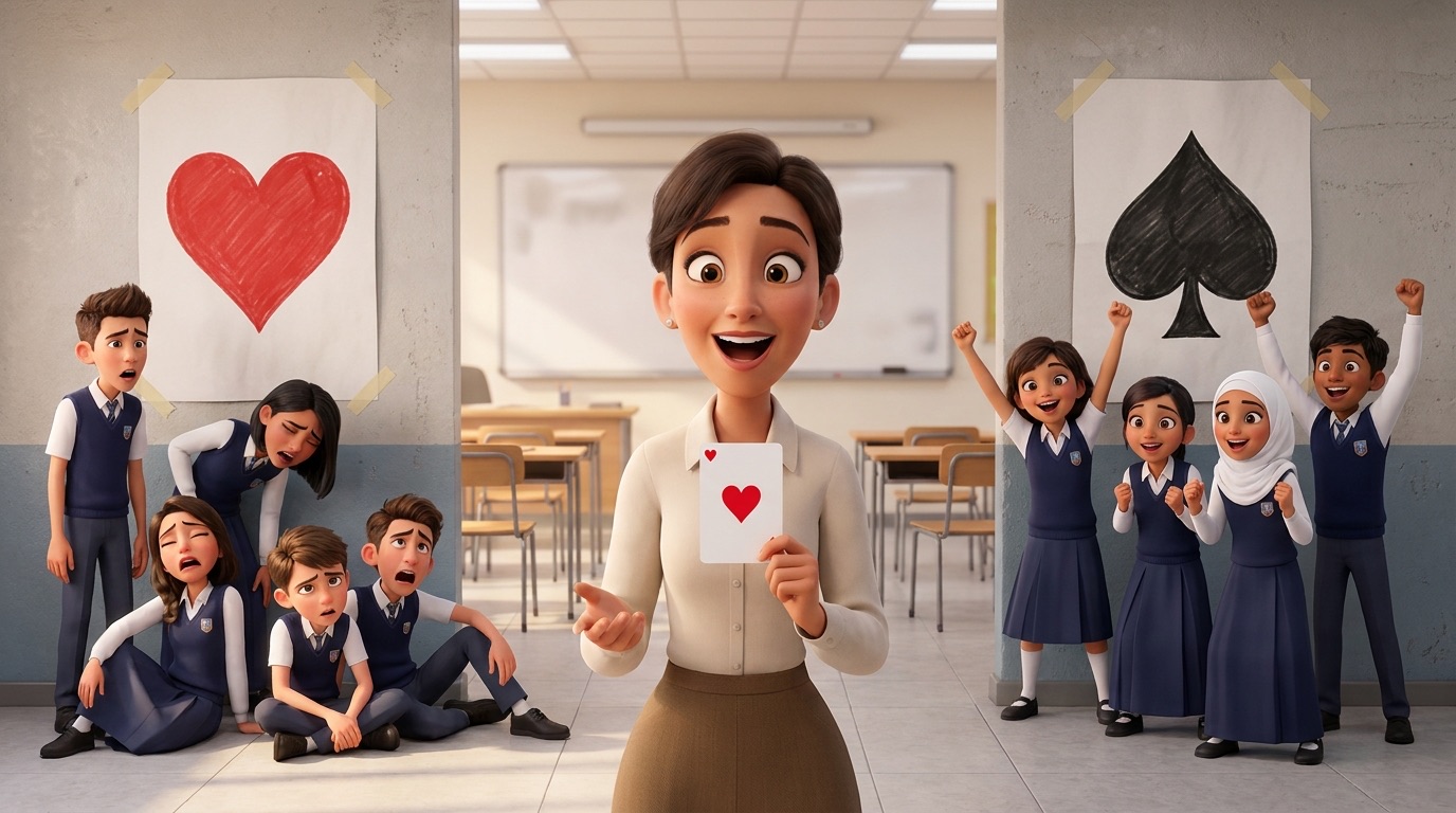 A drawing of students standing in the four corners of a classroom, each corner marked with a card suit symbol.