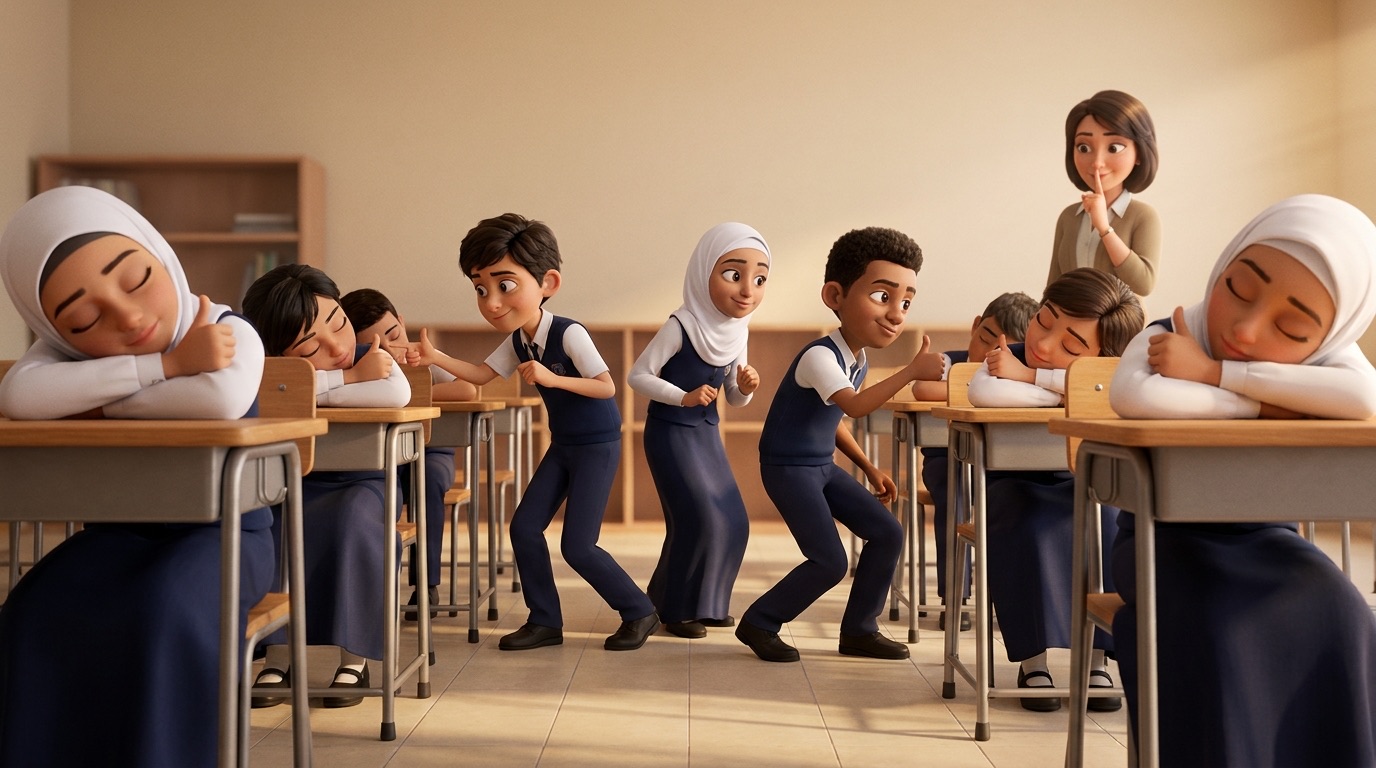 A drawing of students sitting with their heads down and thumbs raised, waiting to be tapped by a Tapper walking round the room.