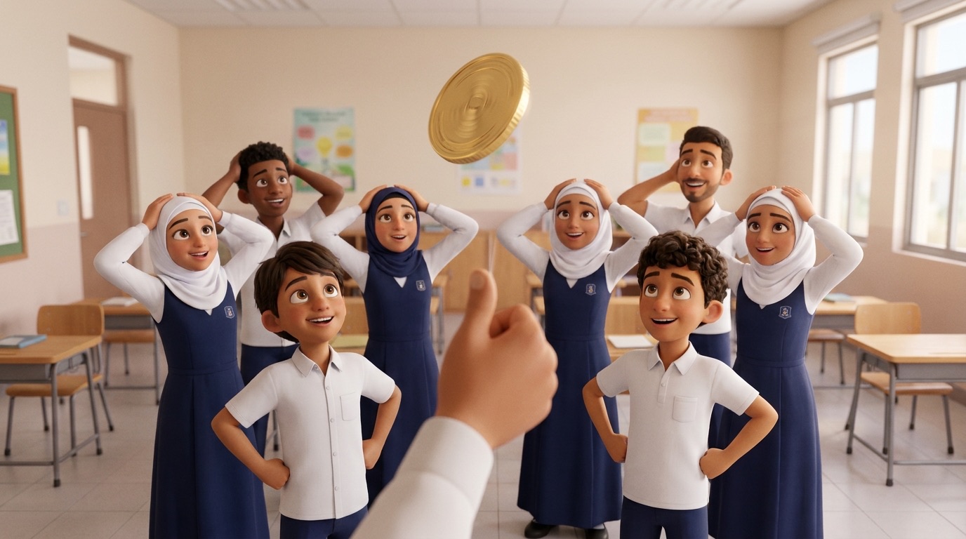 A drawing of students standing with hands on their heads or their hips, choosing heads or tails before the coin flip.