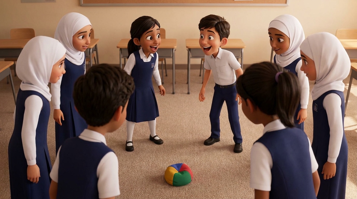 A drawing of students in a circle looking down at an object on the floor, ready to look up on the call.