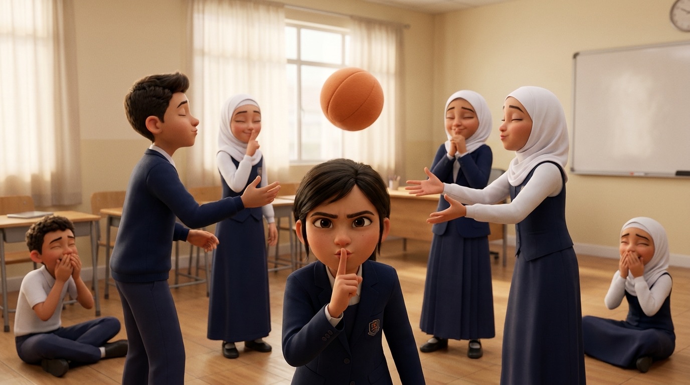 A drawing of students standing spread out in a classroom, passing a ball to each other in silence.