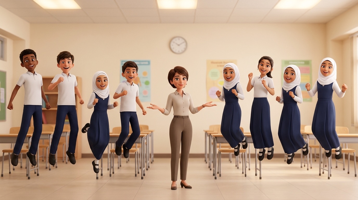 A drawing of students lined up across a classroom, one side stepping left and the other stepping right for a This or That call.