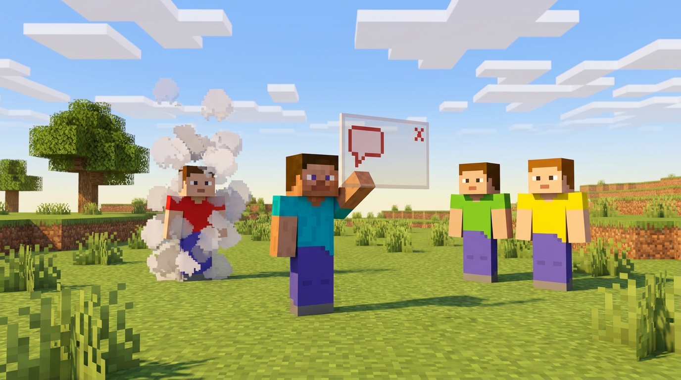 Four Minecraft players in a sunny plains biome. The host holds up a chat window and presses the cross, and the player who typed the mean message puffs away.