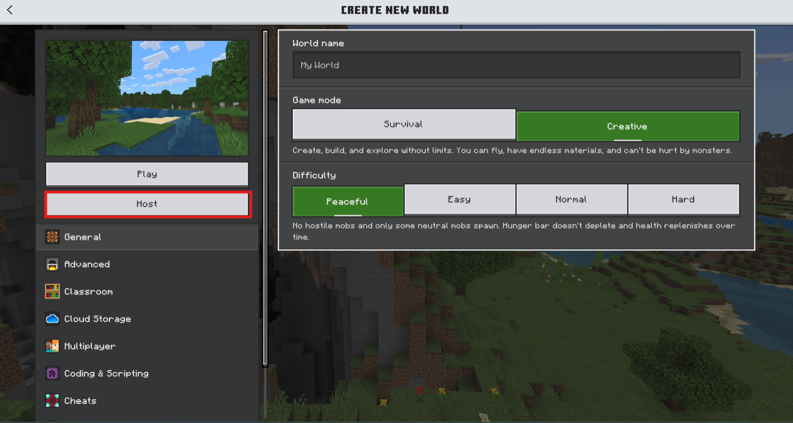 The Create New World screen, with the Play and Host buttons down the left