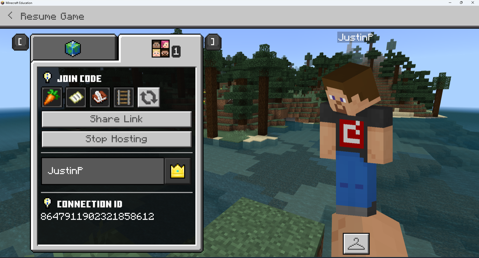 The paused game's Friends tab, showing the Join Code as four pictures with a refresh symbol