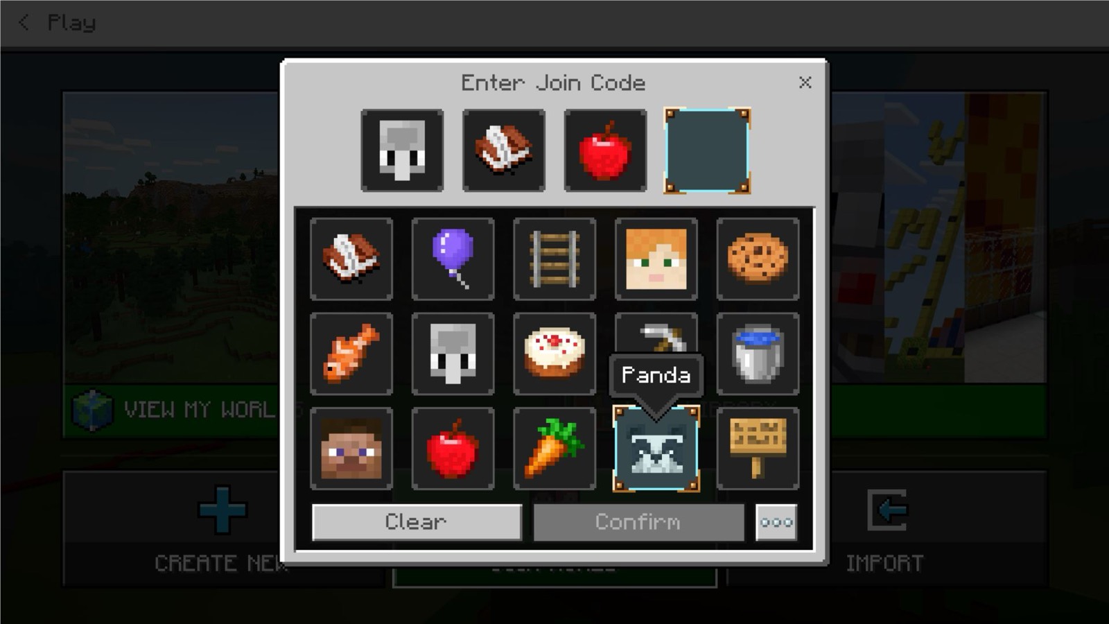 The Enter Join Code screen, four empty slots above a grid of picture keys with Clear and Confirm
