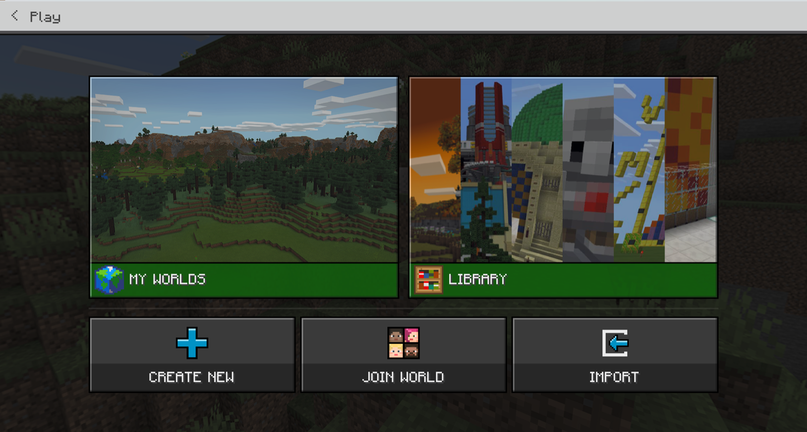 The Minecraft Education Play screen, with Create New, Join World and Import along the bottom